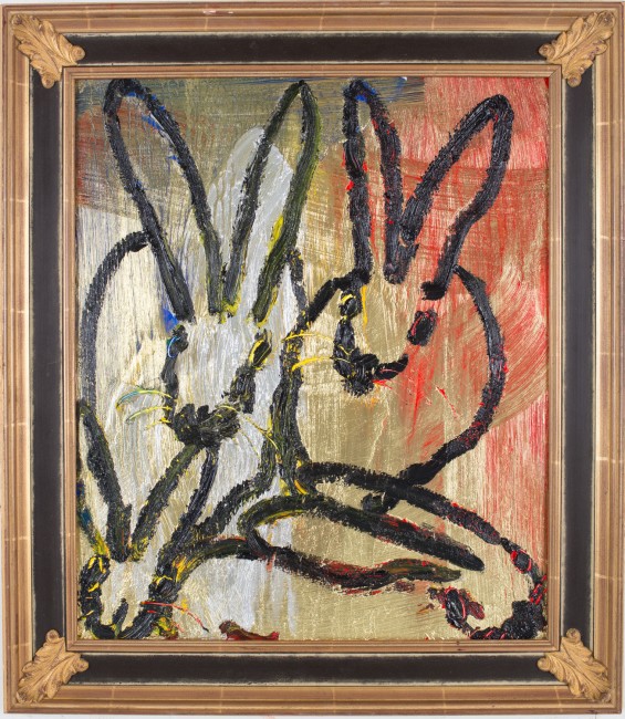 Untitled (Four bunnies on red and green metallic), 25.5"x21.5"