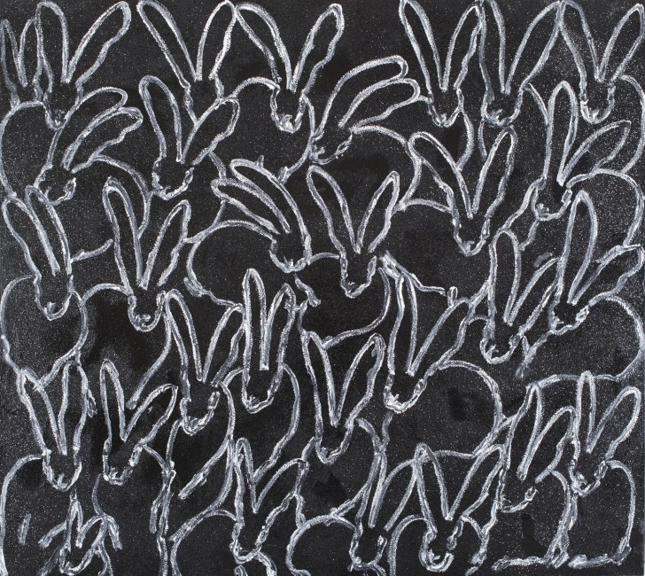 Untitled (White outline bunnies on black diamond dust), 72"x84"